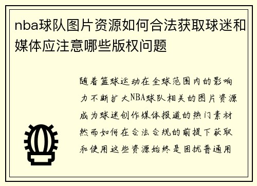 nba球队图片资源如何合法获取球迷和媒体应注意哪些版权问题