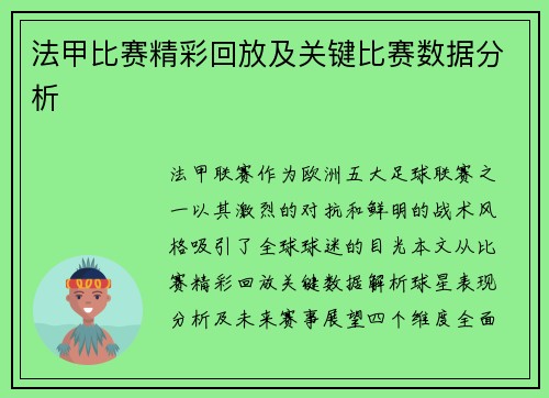 法甲比赛精彩回放及关键比赛数据分析